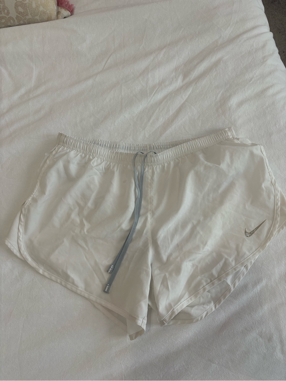 Nike Women's White Athletic Shorts with Light Blue Drawstring